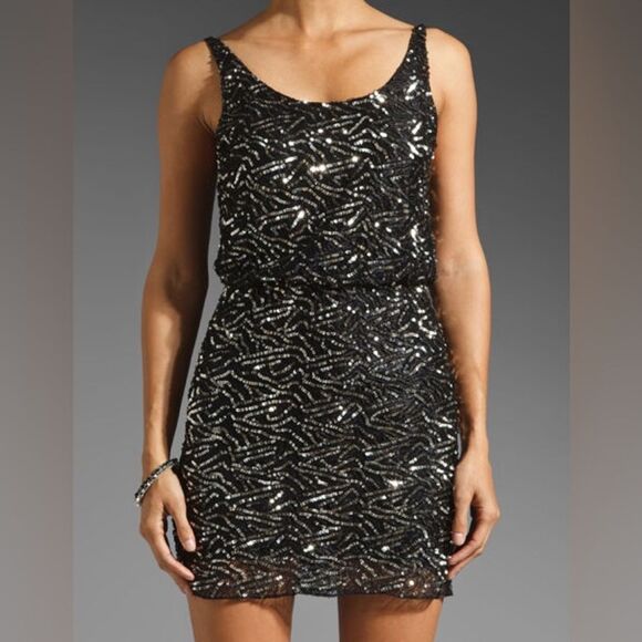 Alice+Olivia Black Gabby Embellished Blouson Dress US 8 Sequin Beaded - Picture 1 of 12